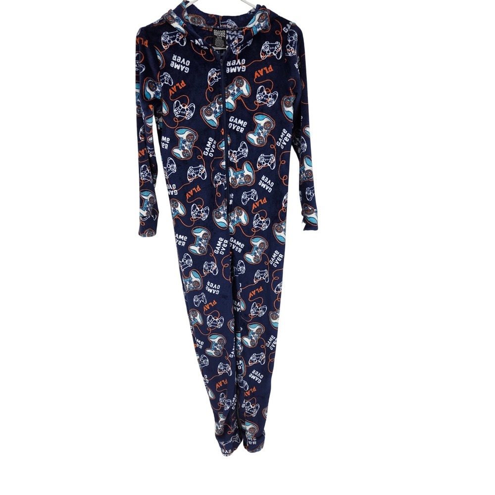 Quad Seven Kids Navy Blue Gamer Level Up Fleece Hooded Union Suit Pajamas 12/14
